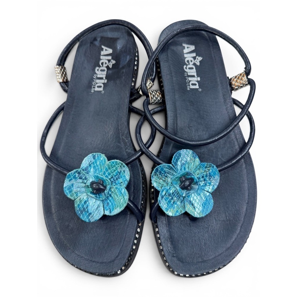 Alegria Thong Sandals Navy Blue Leather Floral Applique Studded Trim 40